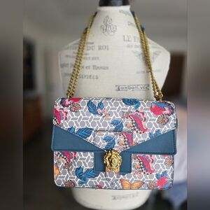 NWT Anne Klein Blue Floral Shoulder Bag with Gold Lion Accent